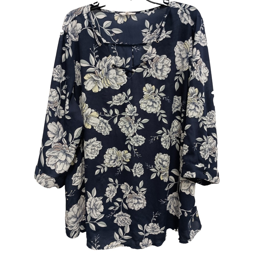Maurices Womens BOHO Blouse Top 2X Blue Floral Chiffon 3/4 Sleeve Pullover